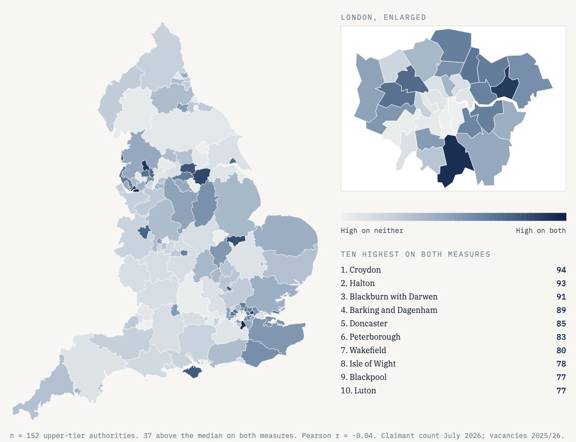 Map of England shading each local authority by the lower of its two percentile ranks for youth claimant rate and care vacancy rate, with a London inset and a table of the ten highest.